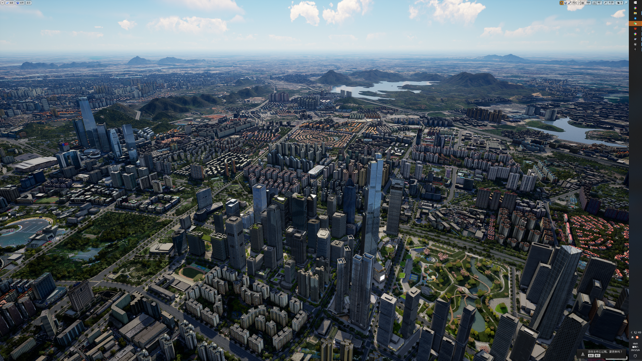 城市天际线与湖山